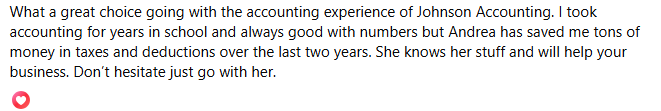 Client recommendation praising Johnson Accounting Services LLC