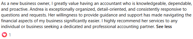 Client recommendation praising Johnson Accounting Services LLC